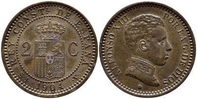 ИСПАНИЯ 2 СЕНТИМО 1904 SM-V, АЛЬФОНСО XIII KM 722 медь aUNC 443-445
