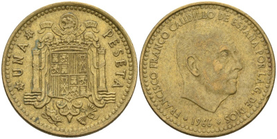 Испания 1 песета 1966 (73) Франсиско Франко (1939-1975) KM 796 алюминиевая бронза 4604-122