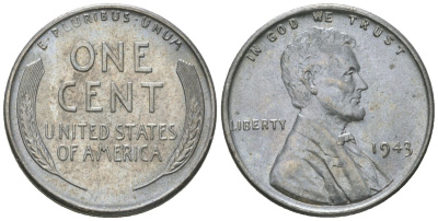 США 1 цент 1943 Авраам Линкольн KM 132 a сталь покрытая цинком aUNC 112-1239