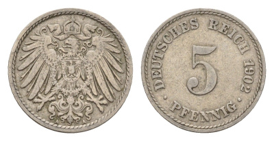 Германия 5 пфеннигов 1902 A, Вильгельм II (1888-1918) KM 11, J. 12 медно-никель 4632-1245