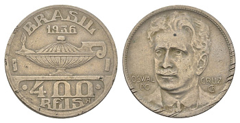 Бразилия 400 реалов 1936 Освалду Крус KM 539 медно-никель 4624-1212