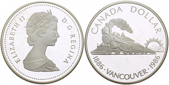 Канада 1 доллар 1986 100 лет Ванкуверу, паровоз KM 149 серебро PROOF 1068-4-64