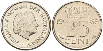 Нидерланды 25 центов 1968 Юлиана (1949-1980) KM 183 никель    4174-654
