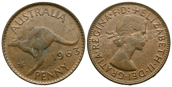 АВСТРАЛИЯ 1 ПЕННИ 1963 p, ЕЛИЗАВЕТА II (1953-), КЕНГУРУ KM 56 бронза 4385-331