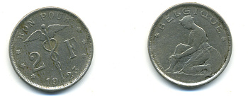 БЕЛЬГИЯ 2 ФРАНКА 1923 BELGIQUE KM 91.1 никель 83-1046