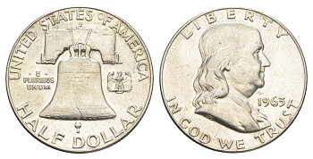 США 1/2 доллара (50 центов) 1963 Бенджамин Франклин, колокол KM 199 серебро  aUNC  4574-525
