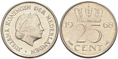 Нидерланды 25 центов 1968 Юлиана (1949-1980) KM 183 никель    4174-654