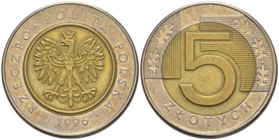 Польша 5 злотых 1996 MW KM 284 биметалл 93-444