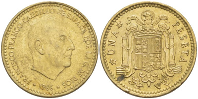 ИСПАНИЯ 1 ПЕСЕТА 1966 (73) ФРАНСИСКО ФРАНКО ДИКТАТОР ИСПАНИИ (1939-1975) KM 796 алюминиевая бронза 4551-616