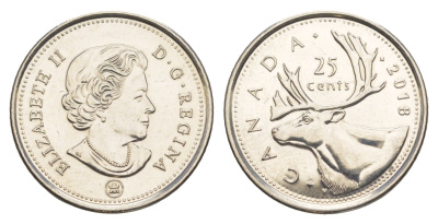 Канада 25 центов 2018 Leaf, Елизавета II (1952-2022), олень KM 493 сталь плакированная никелем UNC 4637-847