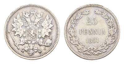 Россия для Финляндии 25 пенни 1891 L, Александр III (1881-1894) Биткин 240 серебро 1530-924