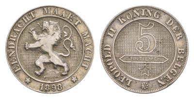 Бельгия 5 сантимов 1898 Der Belgen, Леопольд II (1865-1909) KM 41 медно-никель 4658-761