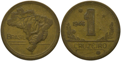Бразилия 1 крузейро 1946 KM 558 алюминиевая бронза 4577-354