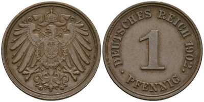 Германия 1 пфенниг 1902 G, Вильгельм II (1888-1918) KM 10, J. 10 медь 1524-912