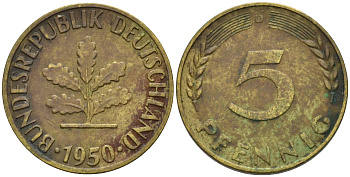 ФРГ 5 ПФЕННИГОВ 1950 D KM 107, J.382 сталь плакированная латунью 75-461