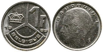 Бельгия 1 франк 1989 Belgique, Бодуэн I (1951-1993) KM 170 железо плакированное никелем 83-436
