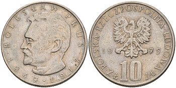 Польша 10 злотых 1975 MW, Болеслав Прус KM 73, Parchimowicz 242a медно-никель    4150-443