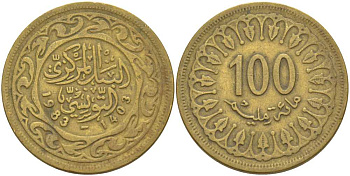 Тунис 100 миллимов 1983 АН1403, республика KM 309 латунь 47-323