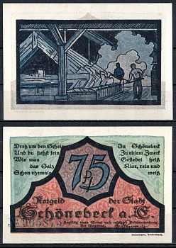 Шёнебек-на-Эльбе (Пруссия, Саксония) 75 пфеннигов 1921 Mehl Grabowski 1196.2a-2/2 бумага UNC (пресс) 7553-11-3-2