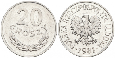 ПОЛЬША 20 ГРОШЕЙ 1981 MW KM А47 алюминий 4516-546