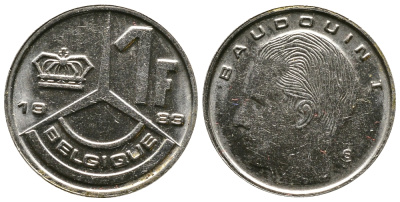 Бельгия 1 франк 1989 Belgique, Бодуэн I (1951-1993) KM 170 железо плакированное никелем 83-436