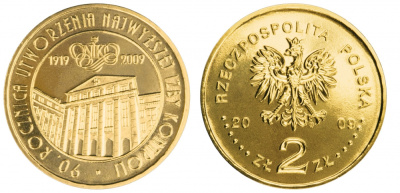 Польша 2 злотых 2009 MW, 90 лет открытия народной палаты контроля KM 673 латунь UNC M4-01