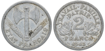 Франция 2 франка 1943 правительство Виши KM 904.1, Le Franc 270.2 алюминий 4163-651
