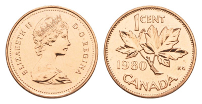 Канада 1 цент 1980 Елизавета II (1952-2022), кленовый лист KM 127 бронза PROOF-LIKE (BU) 4630-936