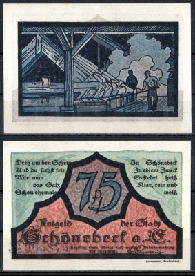 Шёнебек-на-Эльбе (Пруссия, Саксония) 75 пфеннигов 1921 Mehl Grabowski 1196.2a-2/2 бумага UNC (пресс) 7553-11-3-2