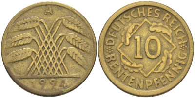 ГЕРМАНИЯ 10 РЕНТЕНПФЕННИГОВ 1924 A KM 33, J.309, Weege 8 алюминиевая бронза 202-235