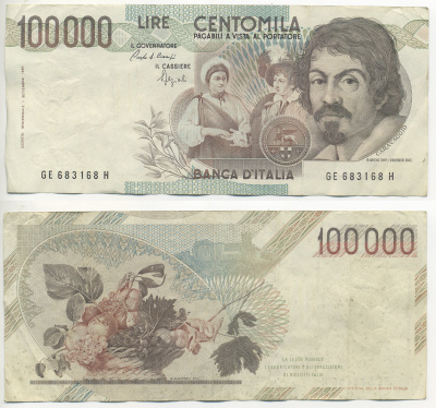 Италия 100000 лир 1983 Караваджо, фруктовый букет, подпись Stevani Pick 110а бумага 7220-6-2