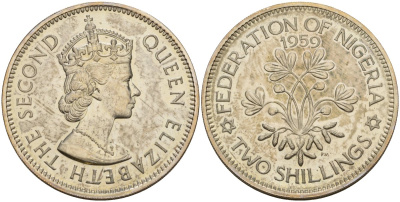 Нигерия 2 шиллинга 1959 Елизавета II (1952-), Британский протекторат KM 6 медно-никель PROOF 3711-314