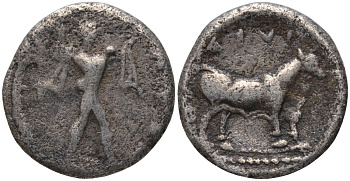 Древняя Греция, Лукания, Сибарис диобол 453 - 448 гг. до н.э. Посейдон с воздетым трезубцем / бык, 1,17 гр, very rare HN Italy 1748 серебро 1073-5-2-4