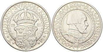 Швеция 2 кроны 1921 400 лет Войне за Независимость KM 799 серебро UNC 81-514