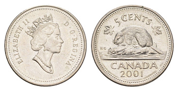 Канада 5 центов 2001 Елизавета II (1952-2022), бобр KM 182 медно-никель 4630-751