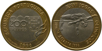 Португалия 200 эскудо 1996 INCM, XXVI летние Олимпийские Игры, Атланта 1996 KM 687 биметалл aUNC 4583-211