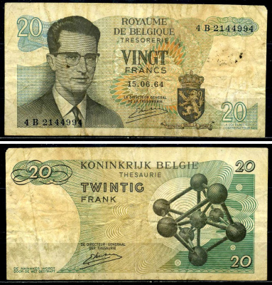 Бельгия 20 франков 1964 Бодуэн I, атомиум, Kestens Pick 138 (3) бумага 6299-44-3-2