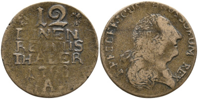 ПРУССИЯ 1/12 ТАЛЕРА 1768 А, ФРИДРИХ II (1740-1786), ПОДДЕЛКА ТОГО ВРЕМЕНИ, ДРУГАЯ ГОЛОВА И БУКВА, НЕ СЕРЕБРО 4529-715