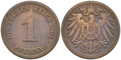 ГЕРМАНИЯ 1 ПФЕННИГ 1901 F KM 10, Jager. 10, Weege 2 медь 4528-1169