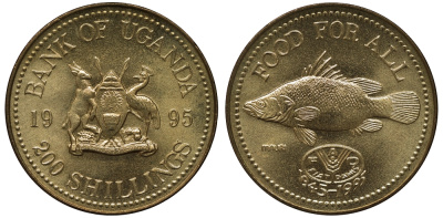Уганда 200 шиллингов 1995 50 лет FAO, рыба KM 148 алюминиевая бронза UNC M23-13