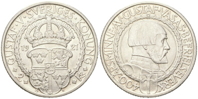 Швеция 2 кроны 1921 400 лет Войне за Независимость KM 799 серебро UNC 81-514