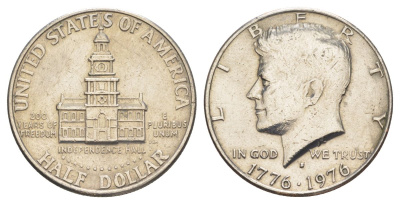 США 1/2 доллара (50 центов) 1976 D, 200 лет независимости, Джон Кеннеди KM 205 медь плакированная медно-никелем aUNC 4545-726