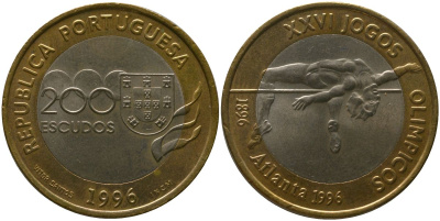 Португалия 200 эскудо 1996 INCM, XXVI летние Олимпийские Игры, Атланта 1996 KM 687 биметалл aUNC 4583-211