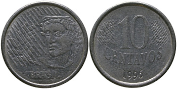 Бразилия 10 сентаво 1996 KM 633, Schon 142 нержавеющая сталь 4519-953