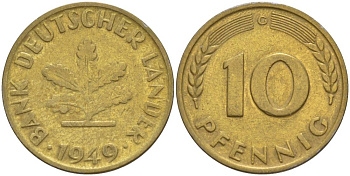 ФРГ 10 ПФЕННИГОВ 1949 G KM 103, J. 378 сталь плакированная латунью 219-421