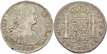 ПЕРУ 8 РЕАЛОВ 1806 JP, КАРЛОС IIII (1788-1808) ИСПАНСКАЯ КОЛОНИЯ, МОНДВОР LIMA, ПРОБА 903, ВЕС 26,9 ГР. KM 97 серебро 413-1445