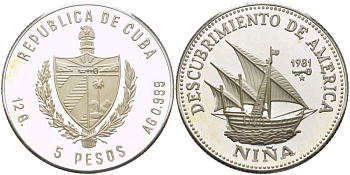 Куба 5 песо 1981 открытие Америки, парусники Колумба, испанская каравелла Нинья, тираж 1000 экземпляров KM 71 серебро PROOF 1087-9-52