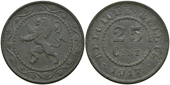 Бельгия 25 сантимов 1917 Belgique - Belgie KM 82 цинк 4135-1057