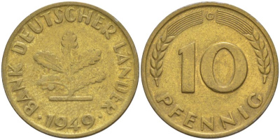 ФРГ 10 ПФЕННИГОВ 1949 G KM 103, J. 378 сталь плакированная латунью 219-421