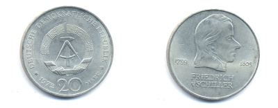 ГДР 20 марок 1972 А, Фридрих Шиллер (1759-1805) KM 40 медно-никель 3333-736